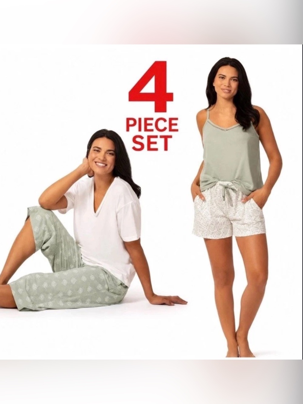 Felina 4-Piece Pajama Pants Shorts Set in Sage Green & White Womens M New